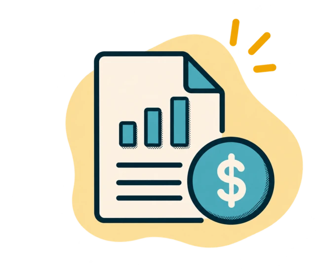 Illustration of a financial report with a bar chart and dollar coin